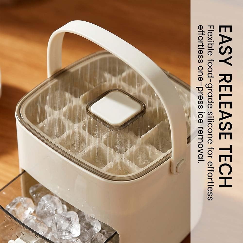 Ice Cube Tray with Storage Bin, Easy Release Press-Type Silicone Mold with Handle for Freezer, Drinks, Coffee, Parties
