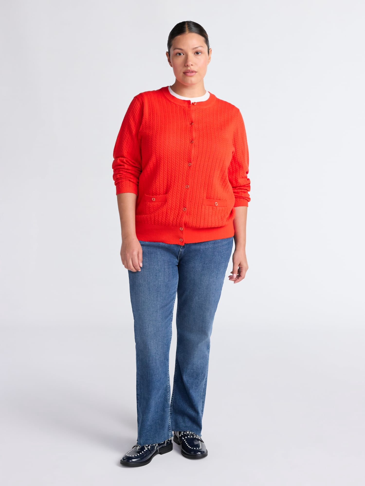 Free Assembly Women's and Women's Plus Cozy Yarn Welt Pocket Cable Cardigan Sweater, Midweight, Sizes XS-4X