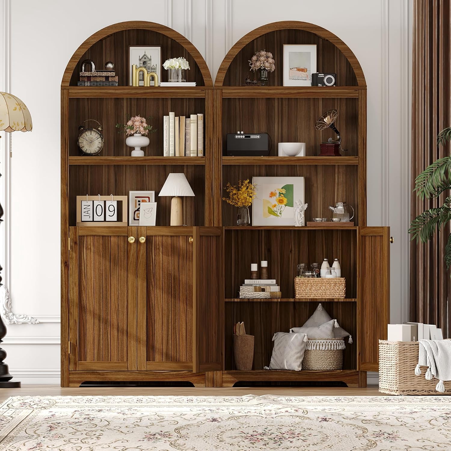 72" Tall Arched Pantry Cabinet with Doors, 5-Tier Kitchen Pantry Cabinet with Adjustable Shelf & Gold Handles, Wood Storage Cabinet for Dining Room, Kitchen, Living Room, Walnut