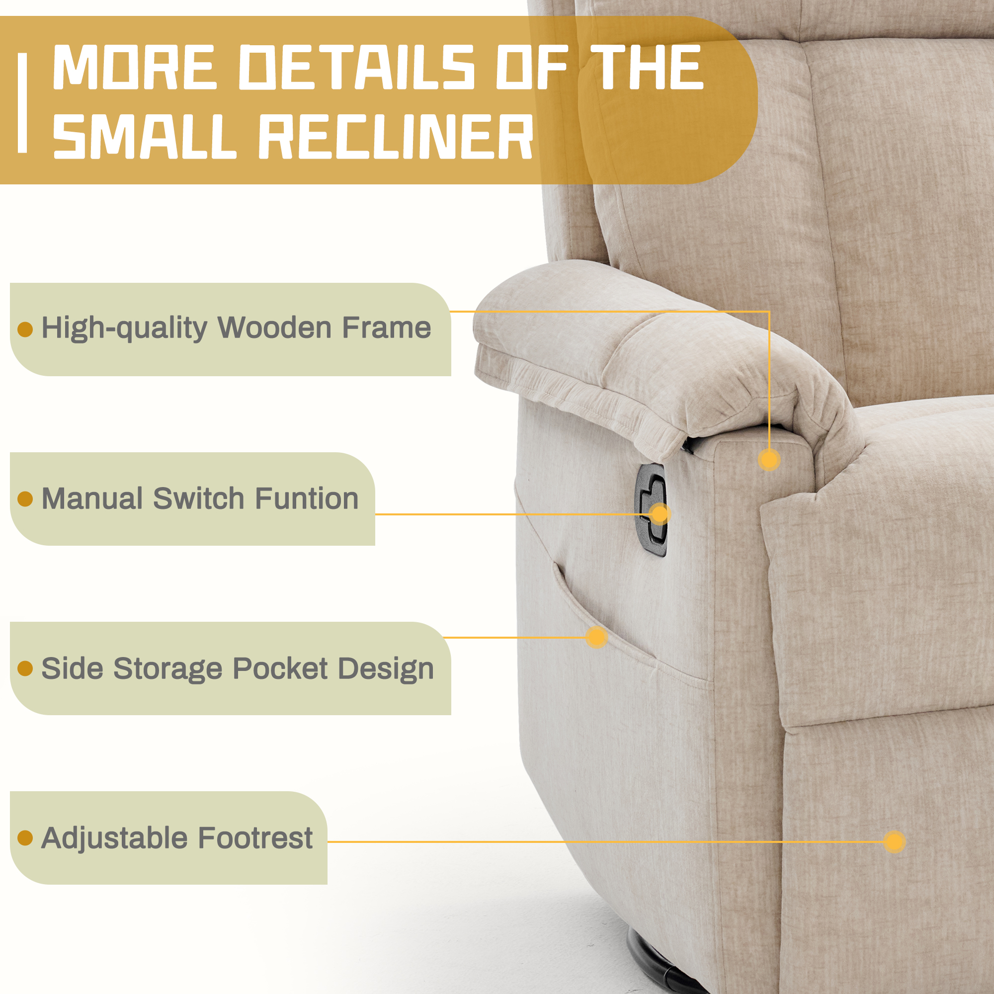 Korser 360°Swivel Recliner Chair for Adults with Side Pockets,Small Rocking Recliner for Small Spaces for Living Room,Nursery,Khaki