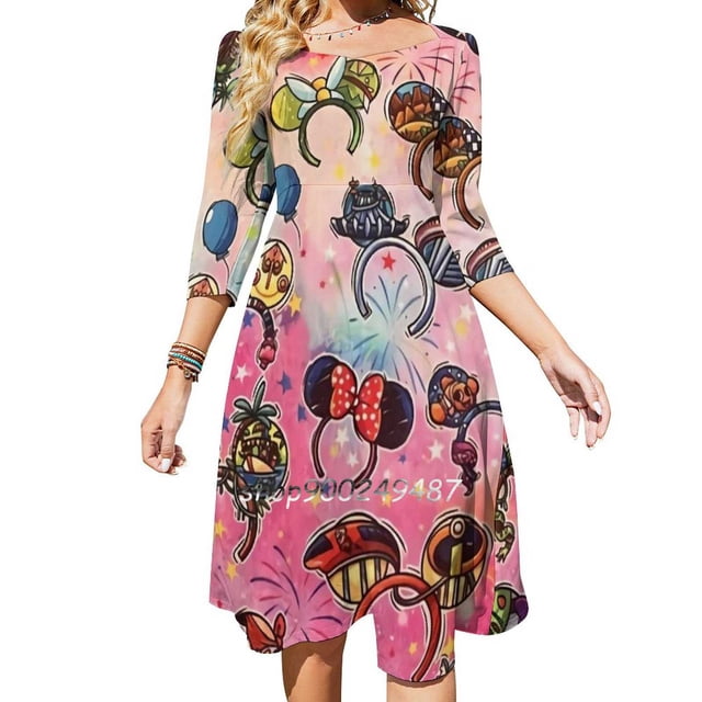 Aquí con las orejas: vestido acampanado con nudo de corazón, diseño de moda, vestido holgado de talla grande, orejas de Mickey y Minnie de Land Walt World