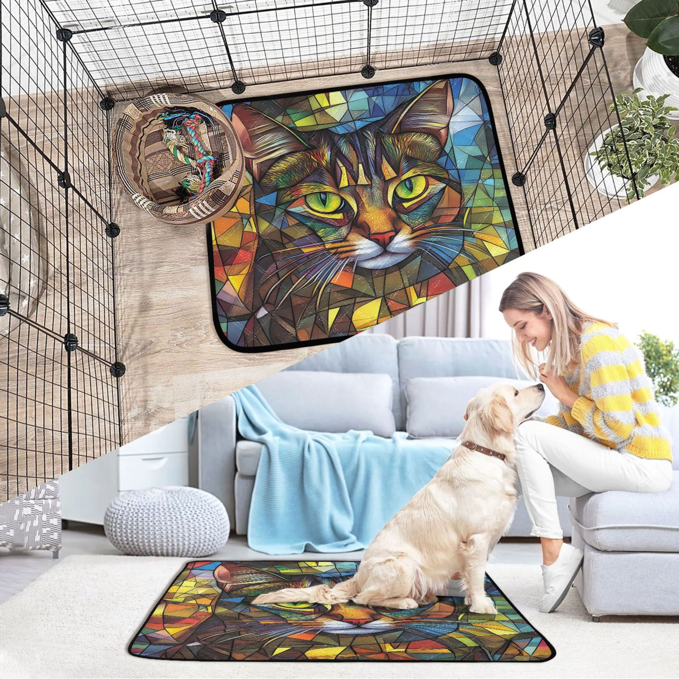 Qxltty Stained Glass Civet Cat Cat litter Pads Pet Set of 3 Diaper Mats Center Anti-leakage Layer Absorbent Soft and Comfortable