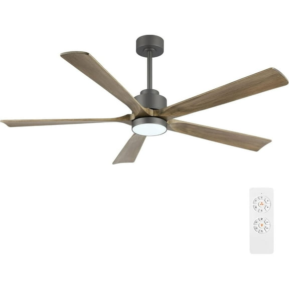 60" Modern Brown Ceiling Fan with LED Lights and Remote Control, 5-Solid Wood Blade Ceiling Fan for Dinning Room