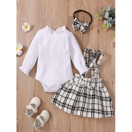 

3pcs Autumn And Winter Girls Casual Solid Color Ruffle Blouse Top Woven Plaid Suspender Skirt Suit + Headband