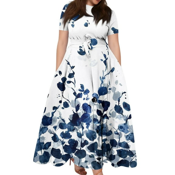 XADYUY 4x Dress for Women Plus Size Casual Strap Short Sleeve A-Line Maxi Dresses Flowy Round Neck Long Dress Spring Floral Print Hawailan Sexy Tiered Dresses,3XL