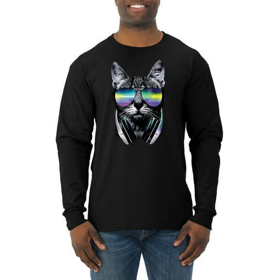 DJ Kitty Cat with Headphones | Mens Cat Lover Long Sleeve T-Shirt, Black, Small