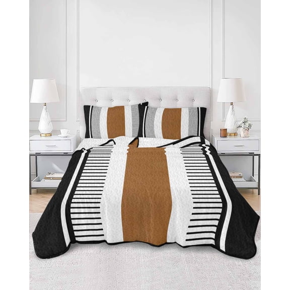 Quilts Twin XL Size, Modern Brown Black Soft Comforter Bedding Set for Bed, Boho Contemporary Geometric Striped Lightweight Quilted Bedspread with Pillow Cover(2 Pieces) for All Season, 68x98 Inch