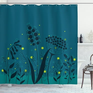 Ambesonne Firefly Shower Curtain, Branches Botanical Leaves, 69"Wx84"L, Dark Teal Yellow