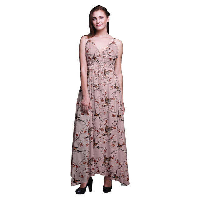 Bimba Robe Longue Maxi de Plage pour Femmes à Imprimé d'Oiseaux, à Bretelles, Tenue de Villégiature d'Été - XX-Grand