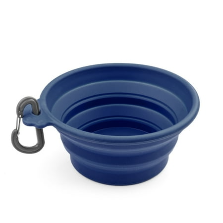 Dog Travel Feeder - Dog Collapsible Bowl (Blue) Silicone Pop Up Travel Feeder Pet Cat Puppy Animal Food Water Container Dish Portable with a Free Carabiner Clip Home Outdoor Use
