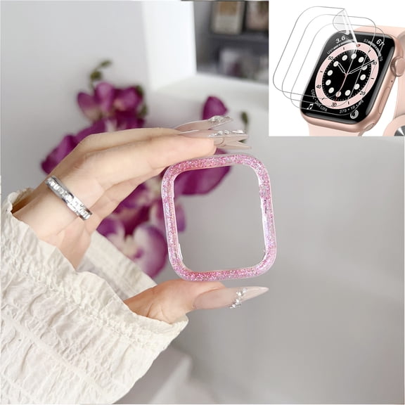 Compatible for Apple Watch Case 41mm Series 9/8/7 with 3-Pack Soft Hydrogel Screen Protector, Bling Case Crystal Diamonds Rhinestone Bumper Hard PC Slim Protective Cover for iWatch,Pink