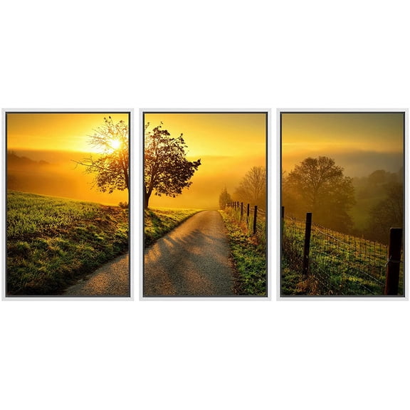 wall26 - 3 Piece Framed Canvas Wall Art - Idyllic Rural Landscape on a Hill with a Tree on a Meadow at Sunrise - Modern Home Art Stretched and Framed Ready to Hang - 16"x24"x3 WHITE