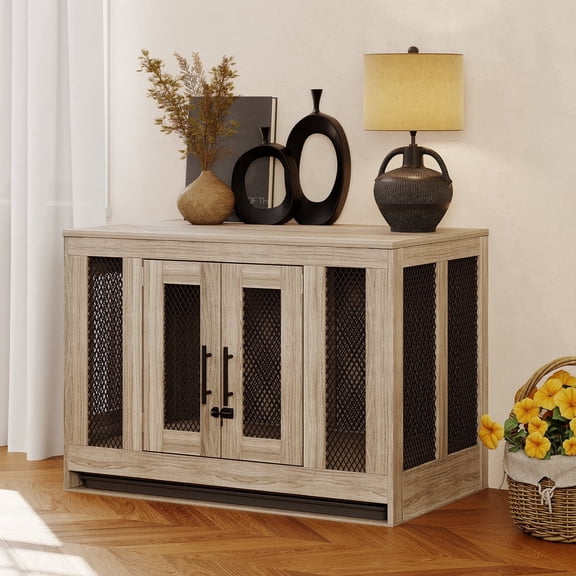 Furniture Style Dog Crate, Indoor Wooden Kennel with Flip-up Top & 2 Doors, 38.2" L x 23.2" W x 28.2" H, Grey