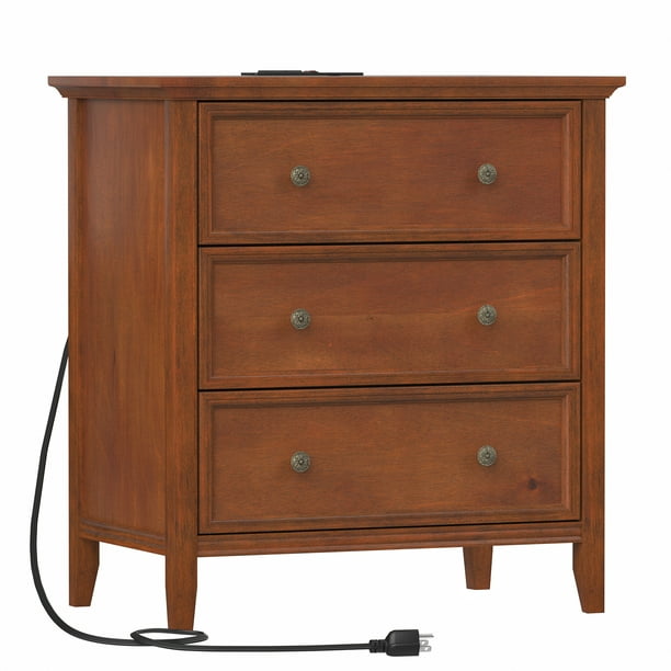 IKENO Nightstand with 3 Drawers and Charging Station, Solid Wood