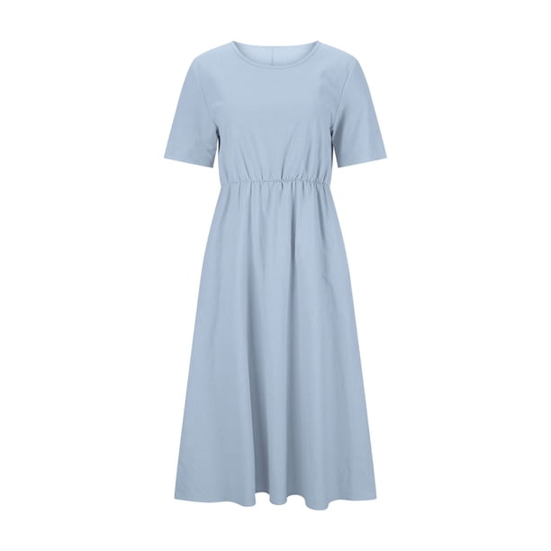 Cotton Linen Dress for Women Summer Short Sleeve Round Neck Loose Pleated  Midi Dresses with Pockets Solid Color (M, Blue) - Walmart Business Supplies