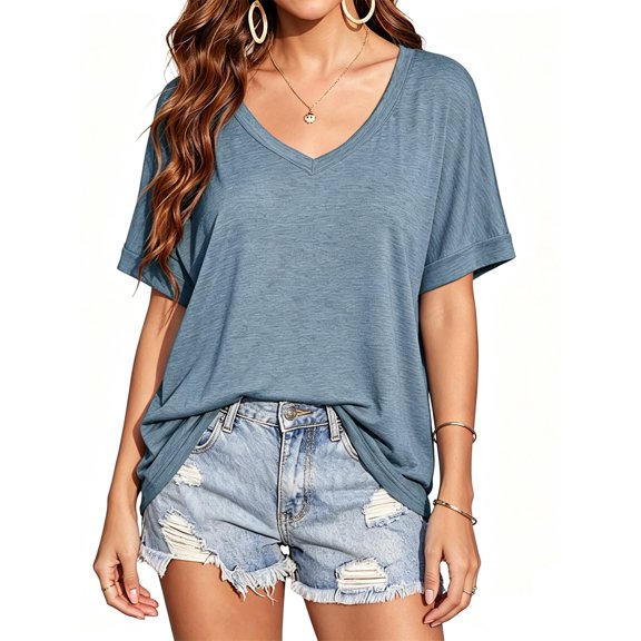 Summer Rolled Short Sleeve Women V-neck Solid Color Casual Loose T-shirt Tops