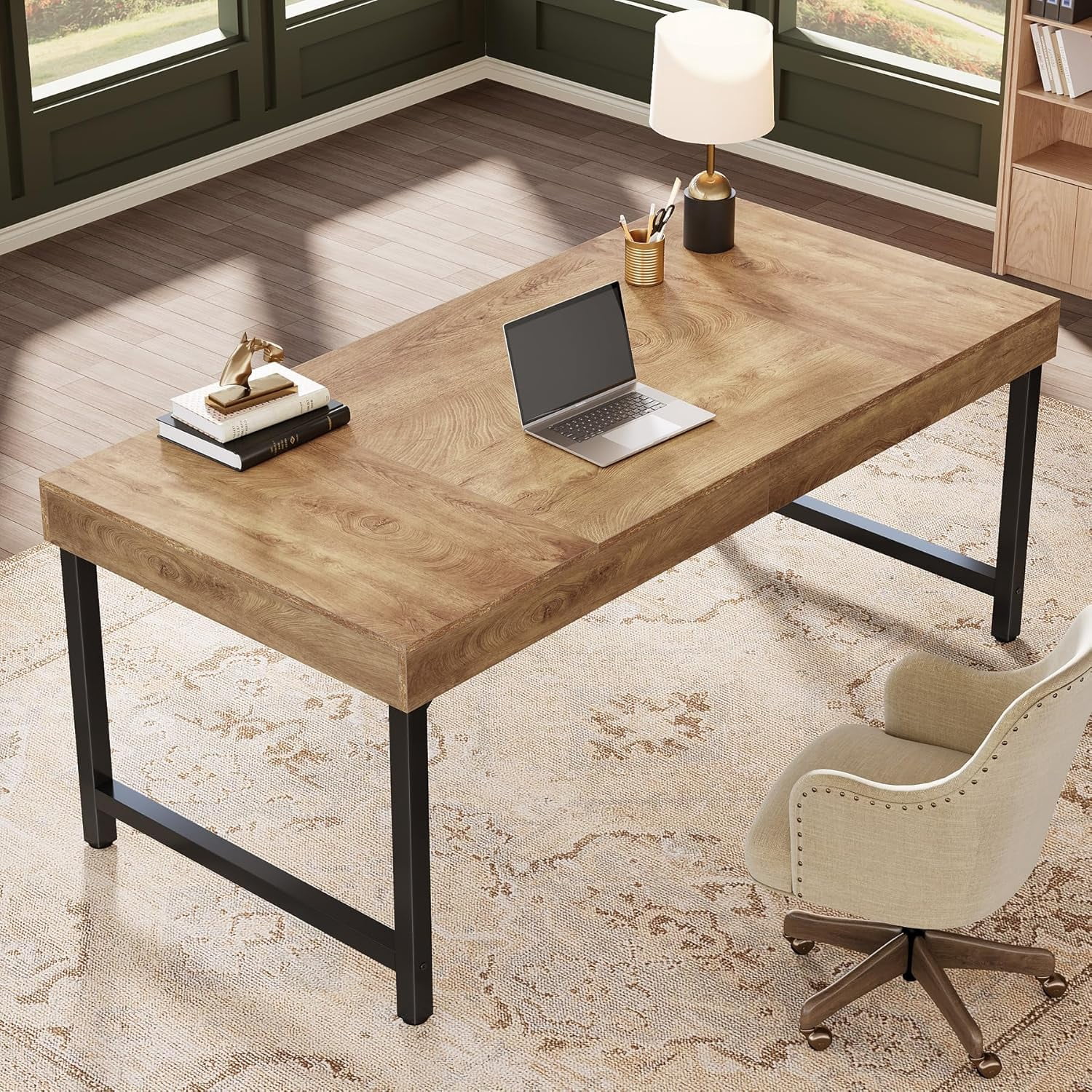 Finmind 55" Industrial Executive Desk for Home Office, Rustic Simple Computer Laptop Desk with Strong Metal Legs, Study Writing Table Business Workstation, Small Conference Table