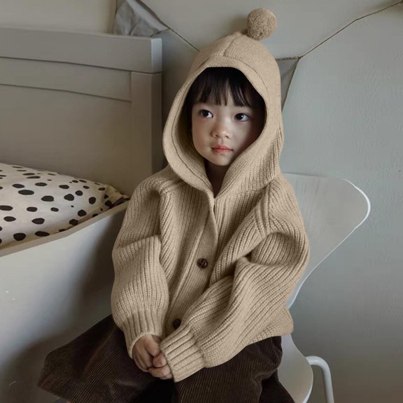 FSYBOA Boys Knit Sweaters Size 10-12T, Casual Long Sleeve Hooded Button Kids Falll Cardigan Beige