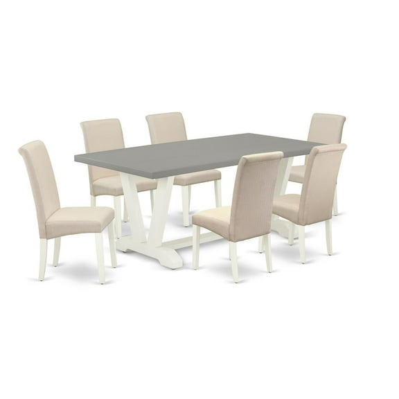 East West Furniture V-Style 7-piece Wood Dining Table Set in White/Cream/Cement