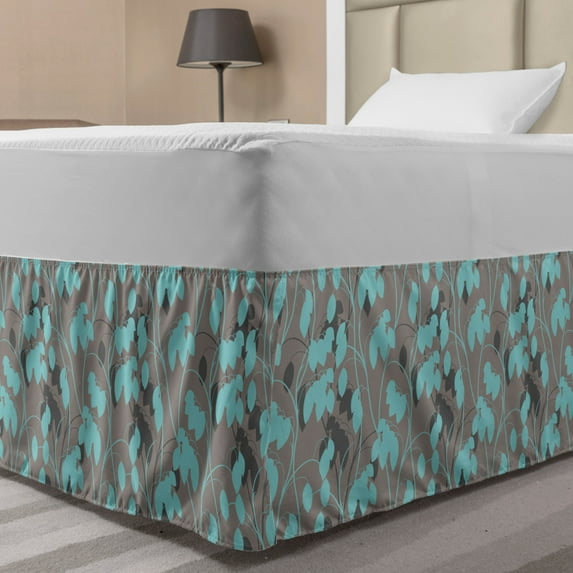 Foliage Bed Skirt, Silhouette Foliage Leaves Composition with Curly Tall Stems, Elastic Bedskirt Dust Ruffle Wrap Around for Bedding Decor, 4 Sizes, Blue Grey Taupe Grey, by Ambesonne