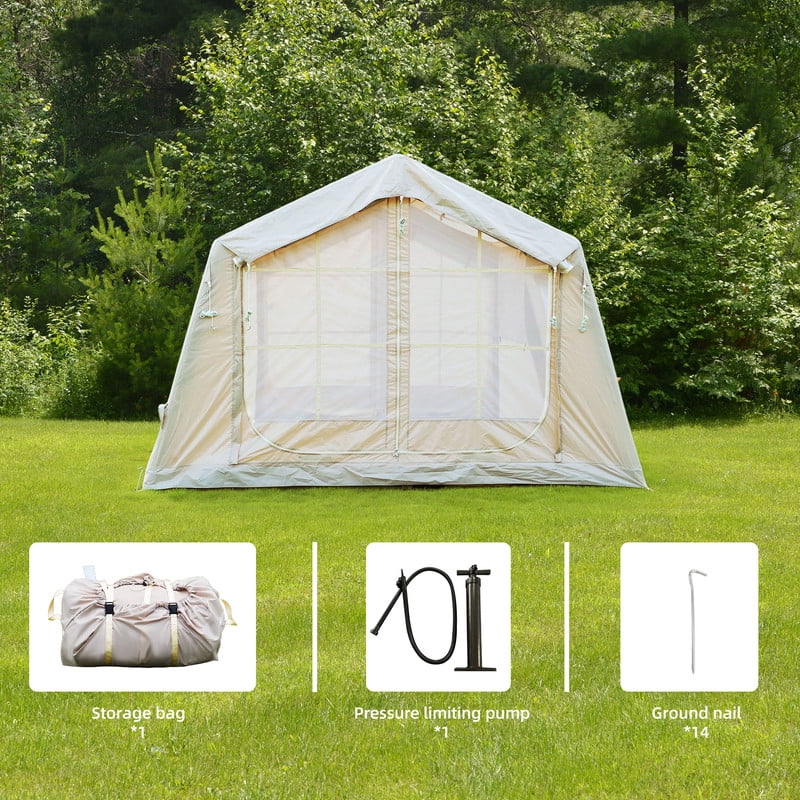 4-6 Person Inflatable Tents for Camping with Stove Jack, Easy Setup Blow Up Tent with Hand Pump, 4 Season Tent with Doors & Windows, Waterproof Oxford Air Glamping Tents for Outdoor