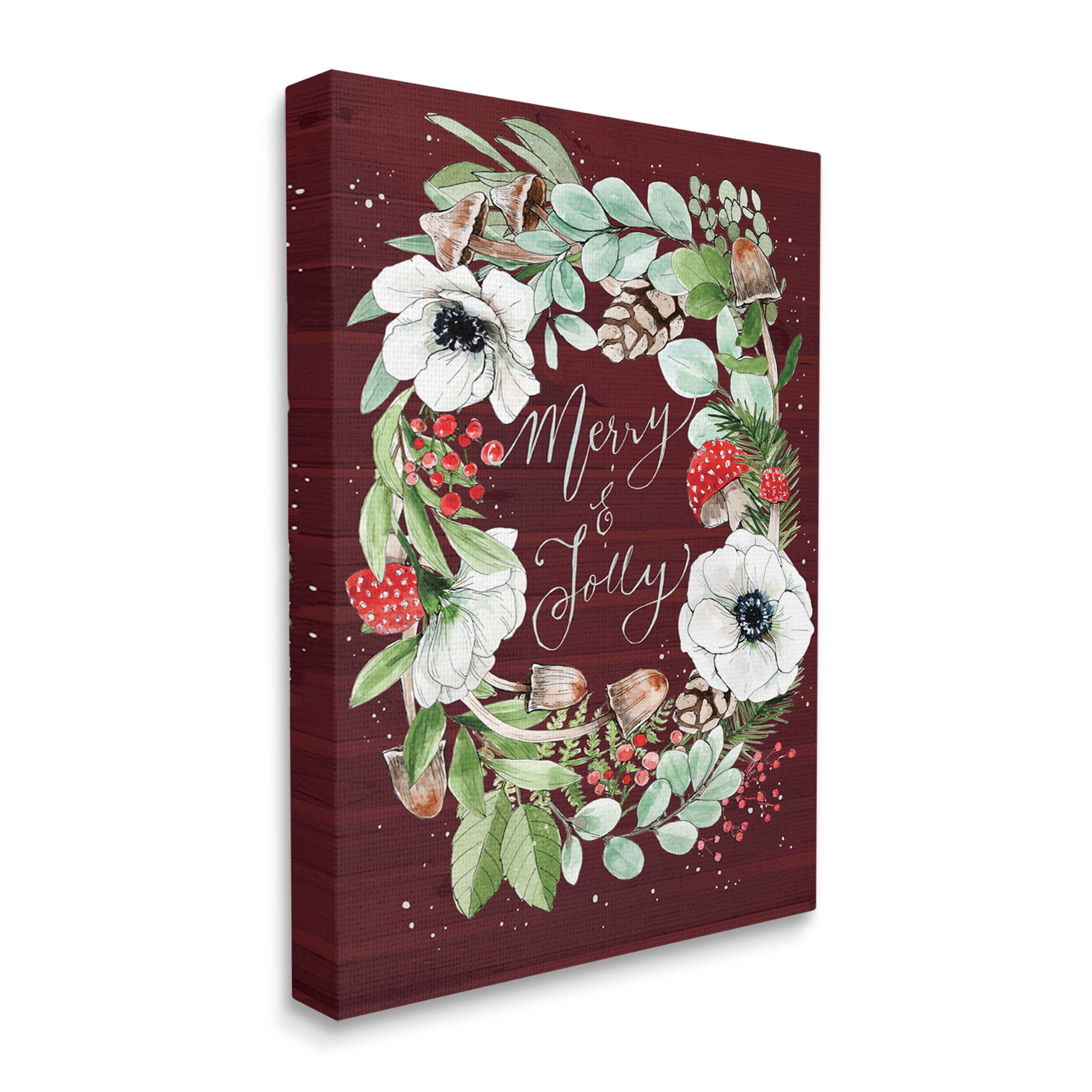 Merry & Jolly Seasonal Mushroom Wreath Holiday Graphic Art Gallery Wrapped Canvas Print Wall Art