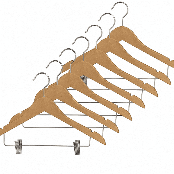 USTECH 10-Pack Wood-Look Plastic Hangers with Clips | Non-Slip Suit & Dress Hangers with Shoulder Notches, Chrome Trouser Bar & Swivel Hook | Eco-Friendly, Space-Saving Closet Organizer