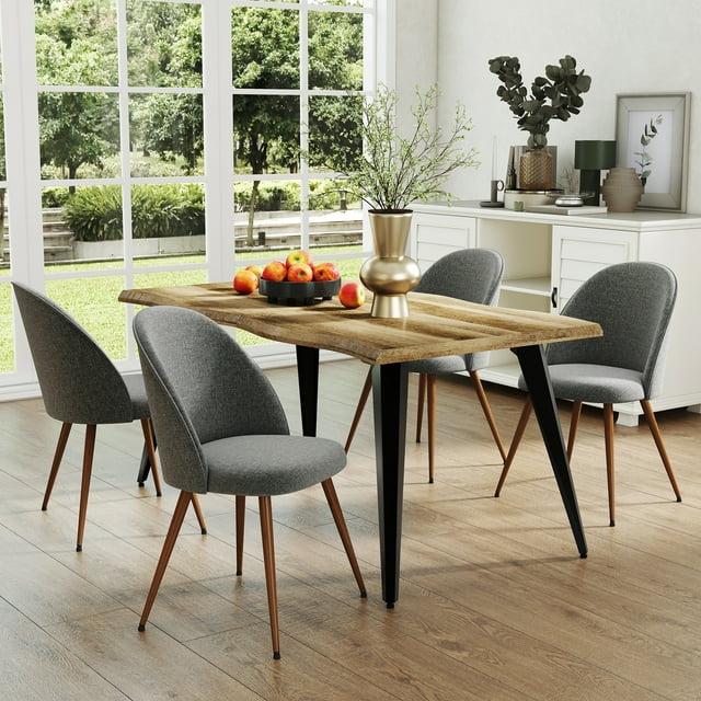 Homy Casa 63 inch Dining Table Set with 1 Table and 4 High-Back Chairs, Modern Walnut Wave Edge Tabletop, Grey Fabric Upholstery
