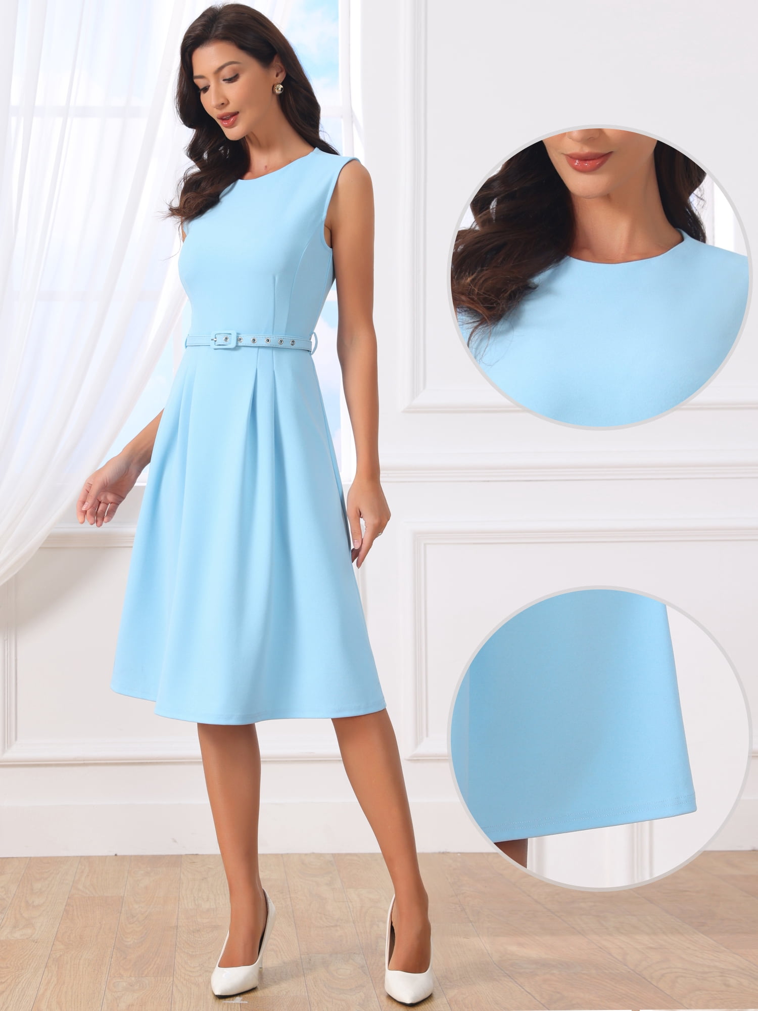 DARING DIVA Women's Sleeveless Crew Neck High Waist A-Line Dress M Sky Blue