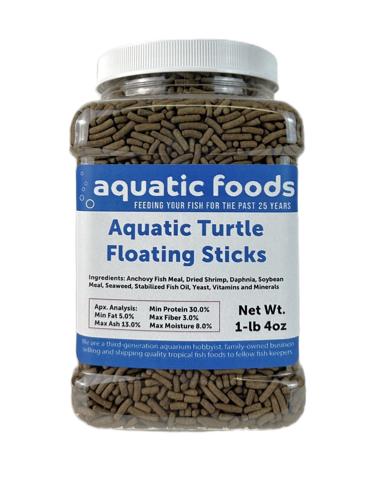 Aquatic Foods Inc. Aquatic Turtle 3/8" x 1/8" 30% Protein Floating Sticks for Aquatic & Semi Aquatic Red Ear, Painted. Map, Soft Shell Pond Turtles...WL 1-lb 4oz Med Jar