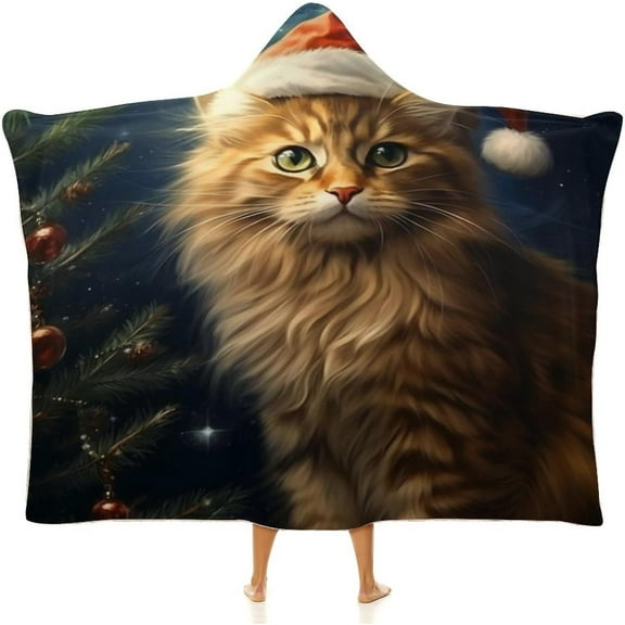 Hooded Blanket Soft Fleece Wearable Blanket Christmas Cat Wearable Blanket Wrap with Hood Comfy Blanket for Adult