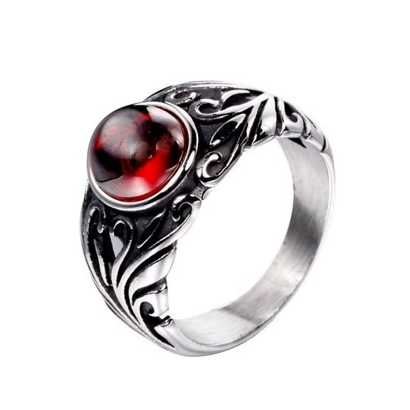 PAMTIER Men's Stainless Steel Vintage Gothic Punk Hollow Red Cubic Zirconia Signet Biker Ring Flower Pattern Carved Silver Black Tone Size 7