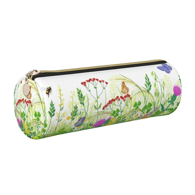 Honeii Plants and Insects Print Leather Pencil Case,Small Pencil Pouch,Durable Zippered Storage for School, Office, and Travel Essentials