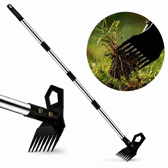 Merryhome Stand Up Weed Puller Tool, 2-in-1 8-Tine Weed Rake & Hoe, 60 Inch Long Handle Stainless Steel Garden Weeding Tool for Lawn Yard