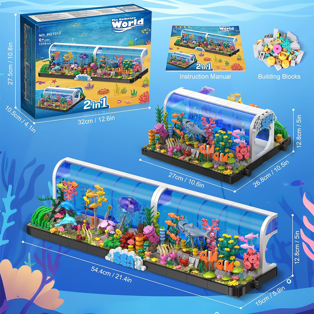 HOGOKIDS Aquarium Building Sets, 2-in-1 Pivoting Oceanarium Animals Construction Building Toys for Kids Aged 6-12