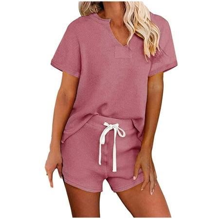 

Women Pajamas Short Sleeve Set Henley-Tops And Shorts Loungewear Homewear Sleepwear