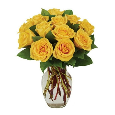 Flower Country - Rose Bouquet: 12 Yellow Roses with Vase, Decorative