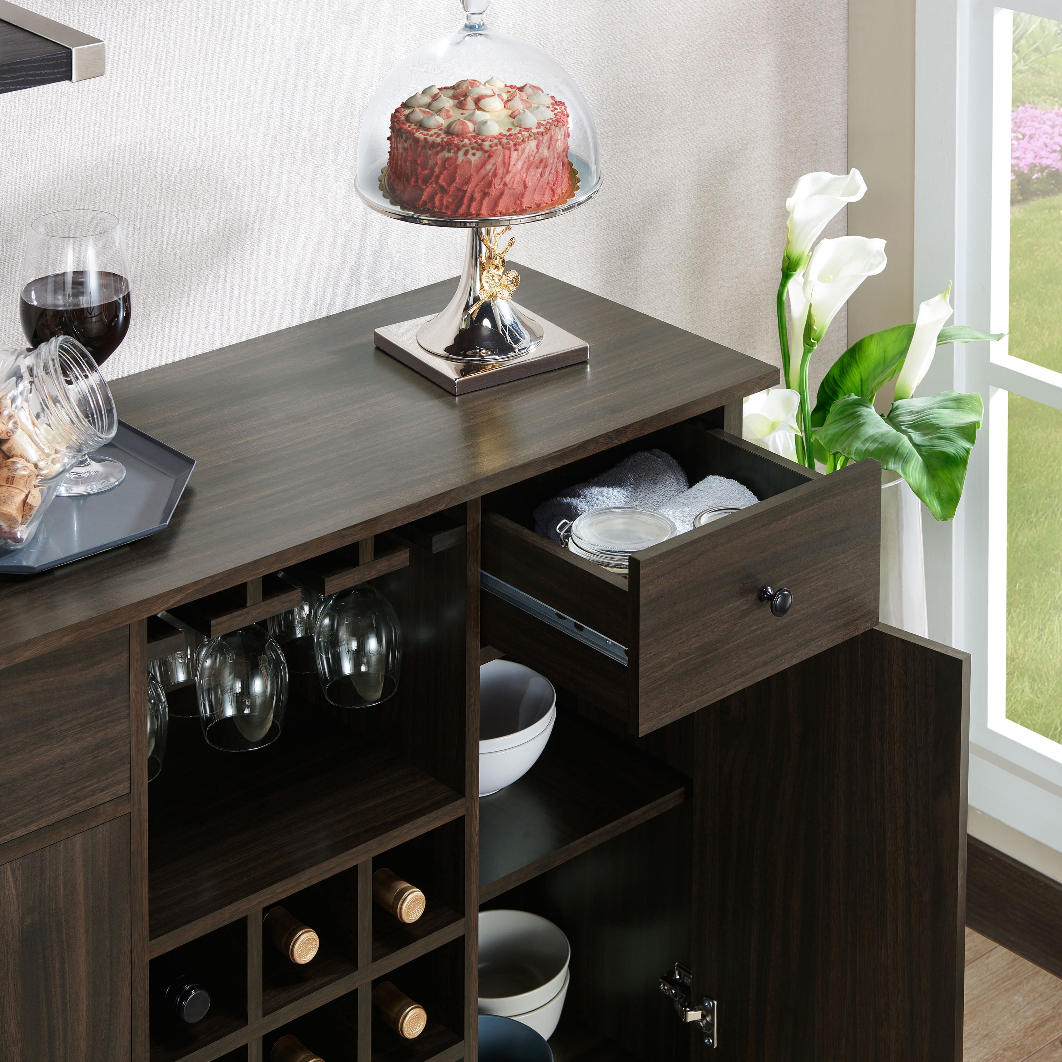 Furniture of America Levy Wood Wine Storage Buffet Table, Wenge
