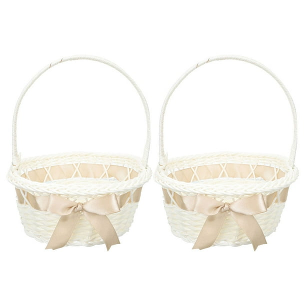 Cesta de flores para boda, cesta tejida de mimbre de imitación, cesta pequeña de flores para niños, 2 uds.