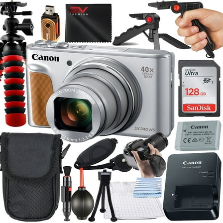 Canon PowerShot SX740 HS Digital Camera (Silver) with SanDisk 128GB Memory Card   Case   Tripod   SV Premium Accessory Bundle (International Version)