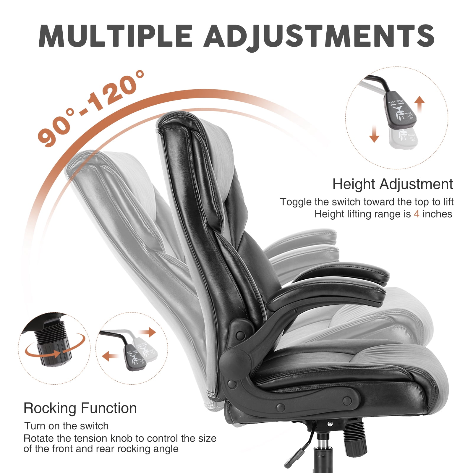 MAYEERTY Big and Tall Office Chair, Wide Seat Ergonomic Computer Desk Chair High Back Executive Leather Chair Adjustable Flip-up Armrest Design,Black