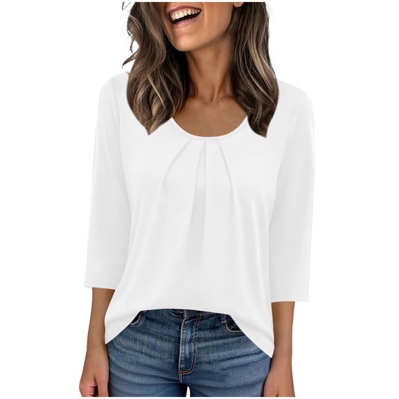 Staron Spring Summer Women's Casual T-Shirt V Neck 3/4 Sleeve Loose Comfy Basic Top, White S