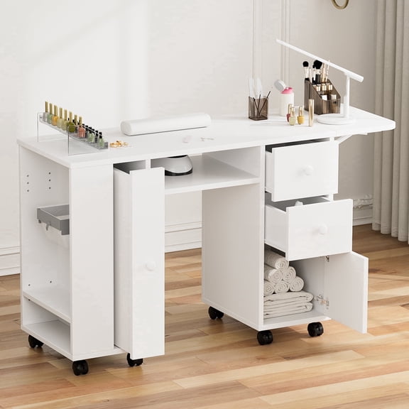 Manicure Station with Storage Drawers and Cabinet, Nail Tech Table with Foldable Tabletop, Nail Station with Lockable Wheels, Wrist Cushion, Nail Organizer & Foldable Trash Rack(White)