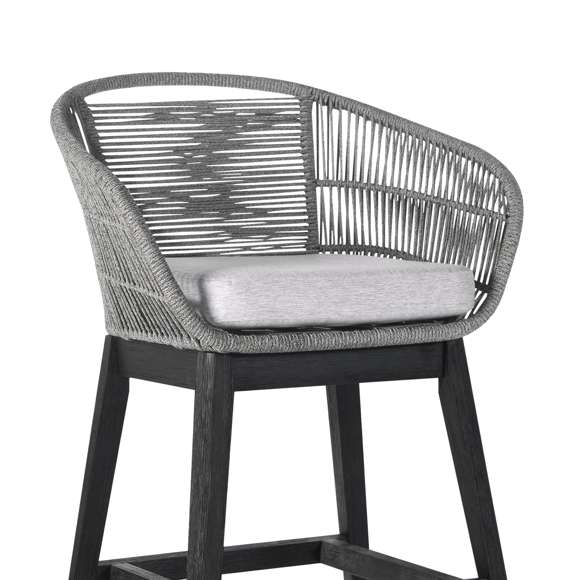 Tutti Frutti Indoor Outdoor Bar Height Bar Stool in Black Brushed Eucalyptus Wood with Gray Rope - Set of 2