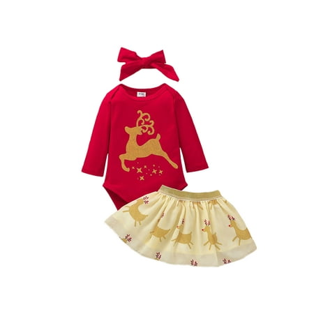 

Meihuida Baby Girl’s Elk Long Sleeve Romper and Short Skirt Headband Set