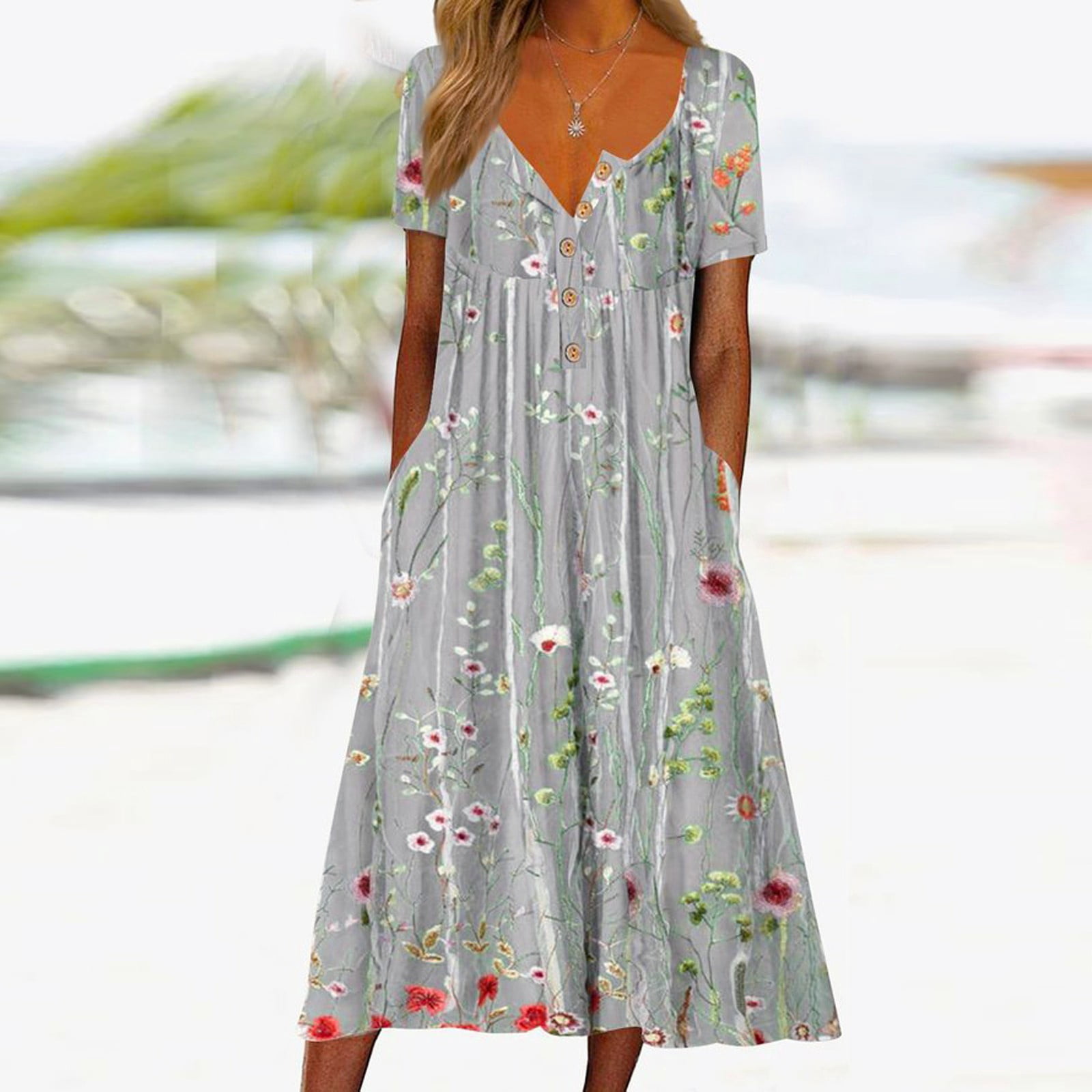 Jamsmile Womens Dress Summer Short Sleeve Long Casual Flowers Print Button Round Neck Dresses Loose Beach Boho Holiday Sundress