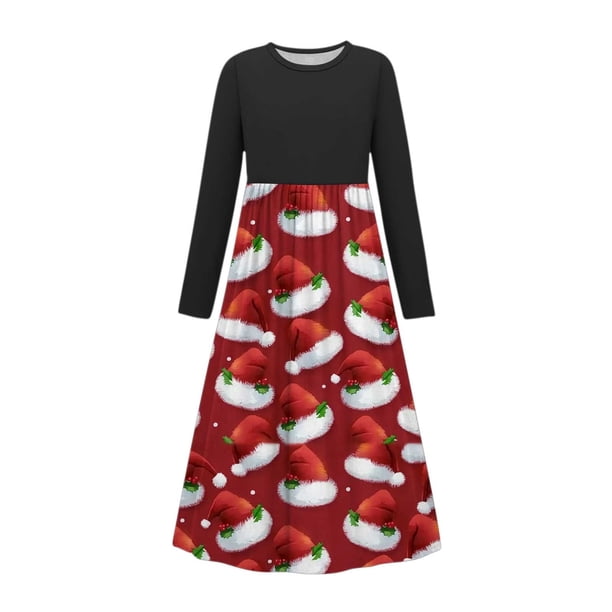 Vestido de manga larga con cuello redondo para niña, estampado navideño, manga larga, cuello redondo, bolsillos, falda larga informal para adultos, vestido de poliéster para niña.