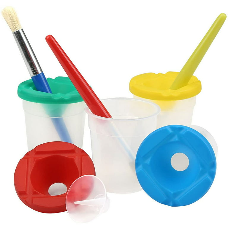 U.S. Art Supply 10 Piece Children's No Spill Paint Cups with Colored Lids and 10 Piece Large Round Brush Set with Plastic Handles