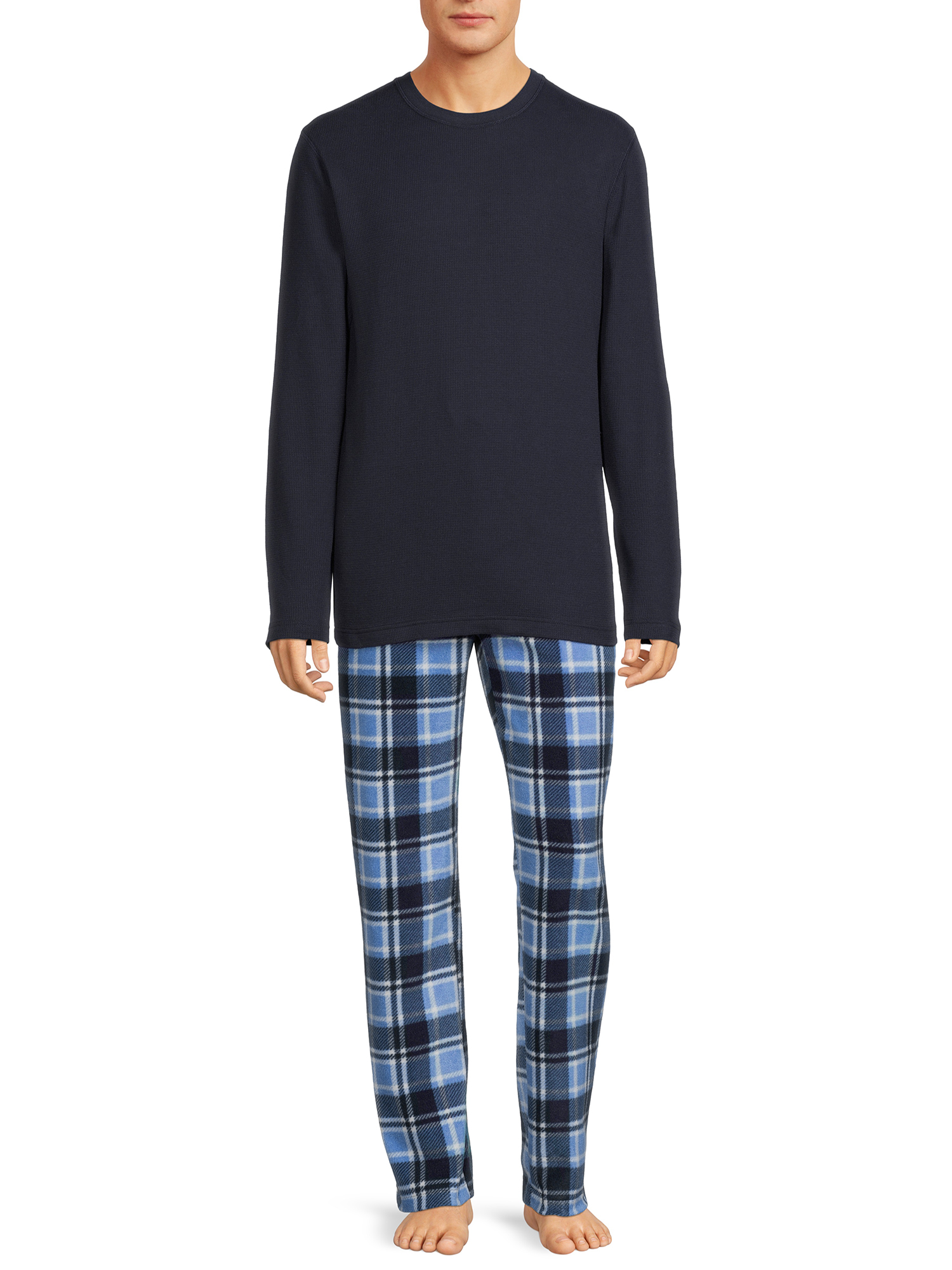 Hanes Men's and Big Men's Long Sleeve Waffle Sleep Top and Fleece Pajama Pants Set, 2-Piece