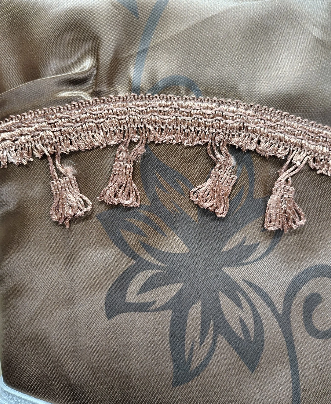 Gorgeous Home Linen 2pc Window Curtain Set 120" W X 84" L Attached Valance and Backing Sheer with 2 Tassels Rod Pocket Drape Leaf Printed Brown
